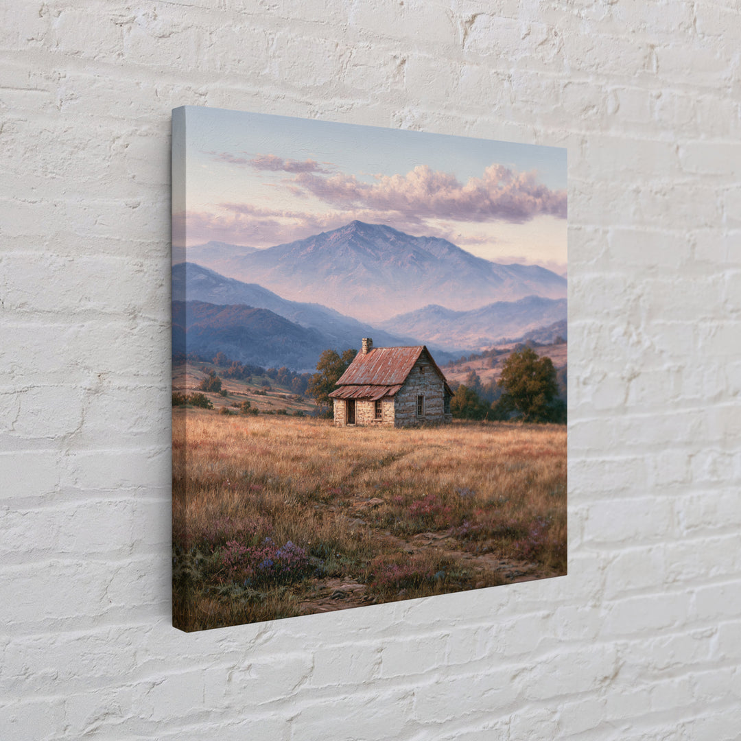 Mountain Cabin Landscape Canvas Print, Rustic Art, Wall Art, Farmhouse Decor, Oil Painting, Rustic, Living Room Decor, RUS-1x1-99