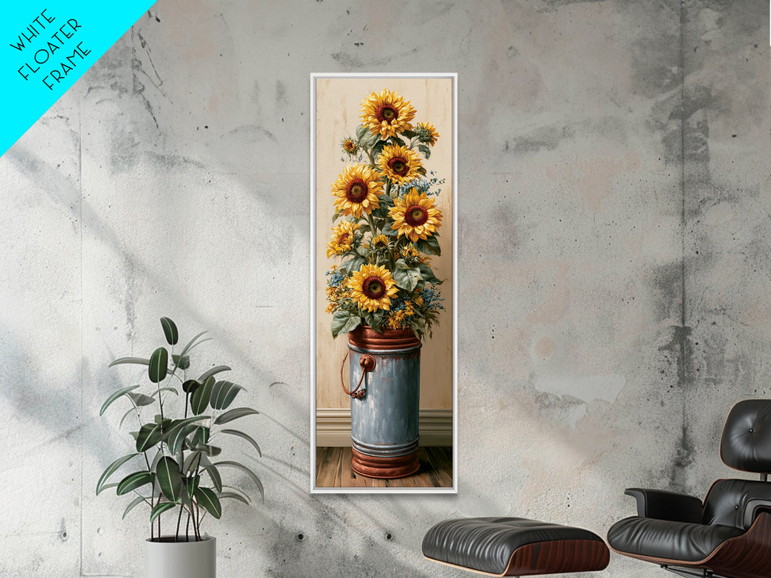 Sunflowers in a Metal Bucket Framed Canvas Print, Rustic Art, Luxury Decor, Farmhouse Decor, Oil Painting, Rustic, RUS-1x3-24