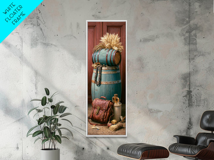 Whiskey Barrel and Leather Still Life Framed Canvas Print, Rustic Art, Art Print, Farmhouse Decor, Watercolor Art, Rustic, RUS-1x3-31