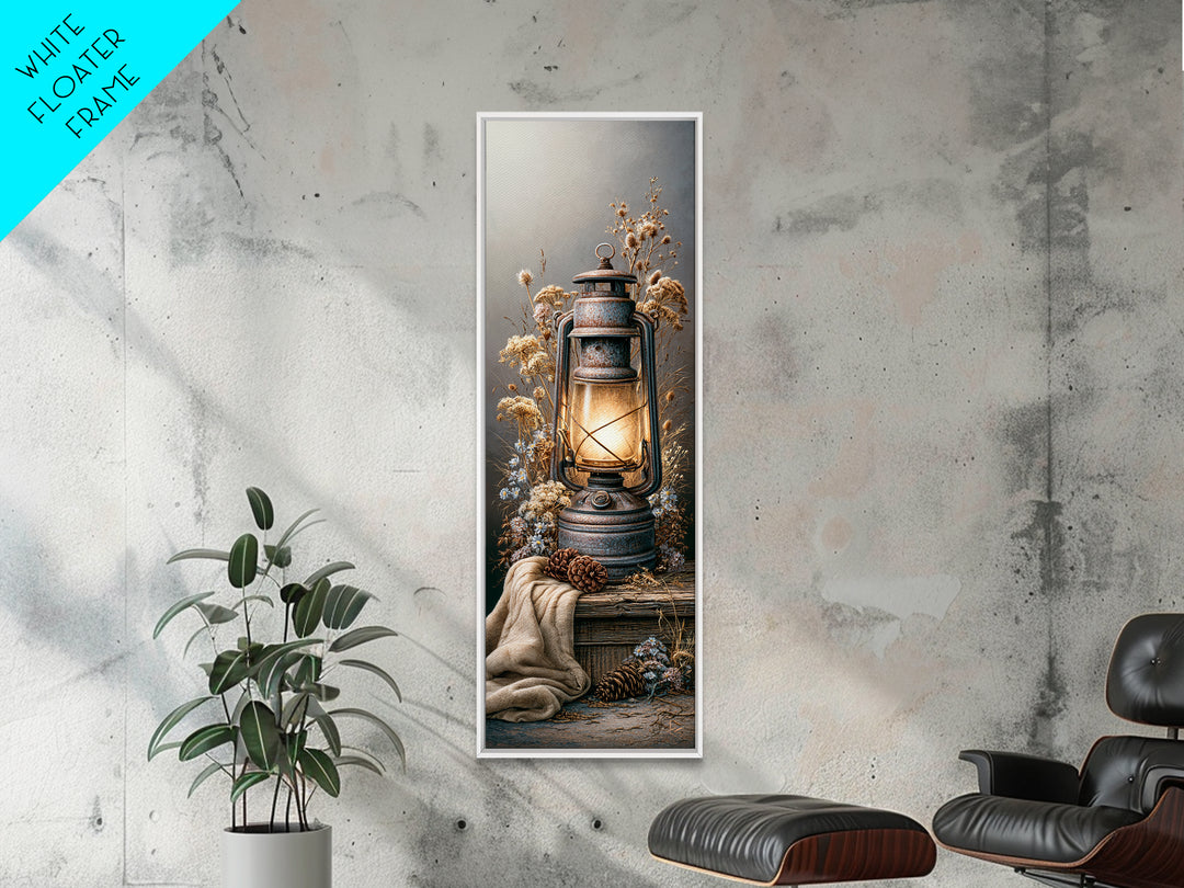 Rustic Lantern Glowing Beside Pinecones Canvas Print, Rustic Art, Digital Prints, Farmhouse Decor, Rustic, 3d Wall Art, RUS-1x3-40
