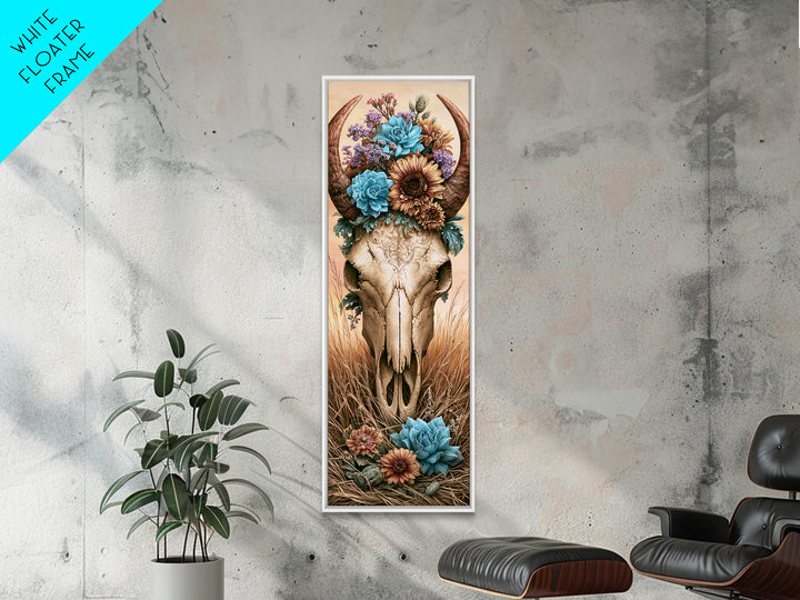 Cow Skull with Desert Flowers Framed Canvas Print, Rustic Art, Neutral Decor, Farmhouse Decor, Fine Art, Rustic, Home Decor, RUS-1x3-53