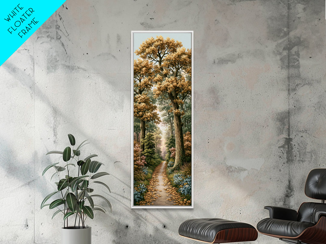 Forest Path with Golden Autumn Leaves Framed Canvas Print, Rustic Art, Portrait Painting, Farmhouse Decor, Fine Art, Rustic, RUS-1x3-54