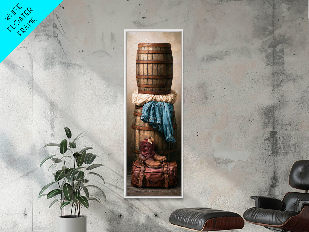 Whiskey Barrel and Leather Still Life Canvas Print, Rustic Art, Printable Art, Farmhouse Decor, Oil Painting, Rustic, RUS-1x3-55