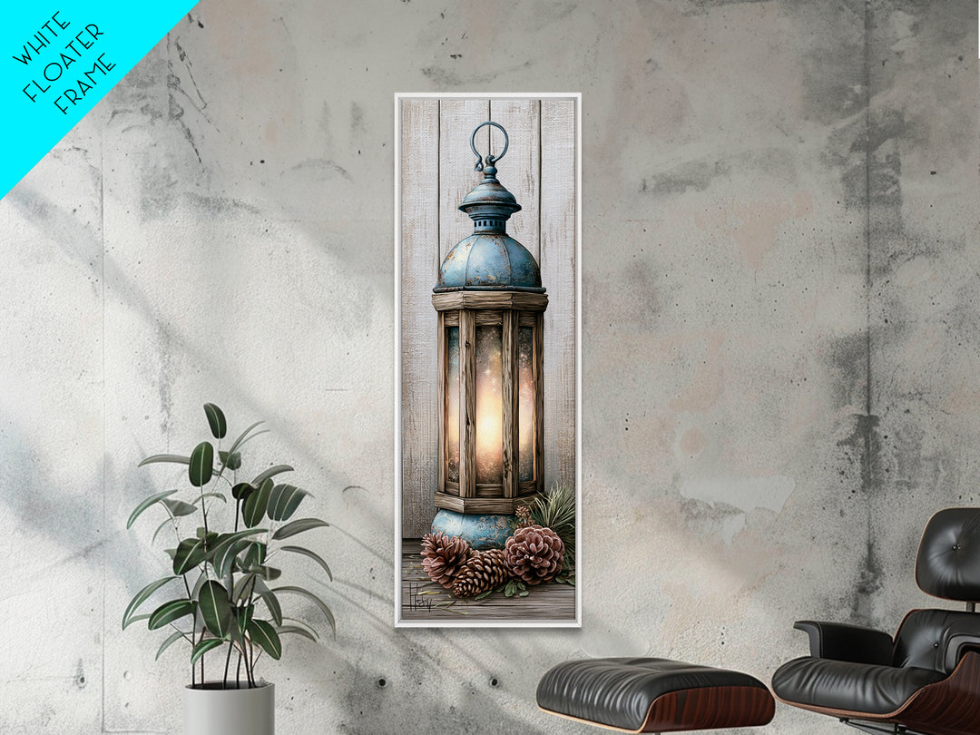 Rustic Lantern Glowing Beside Pinecones Framed Canvas Print, Rustic Art, Wood Wall Art, Farmhouse Decor, Fine Art, Rustic, RUS-1x3-64