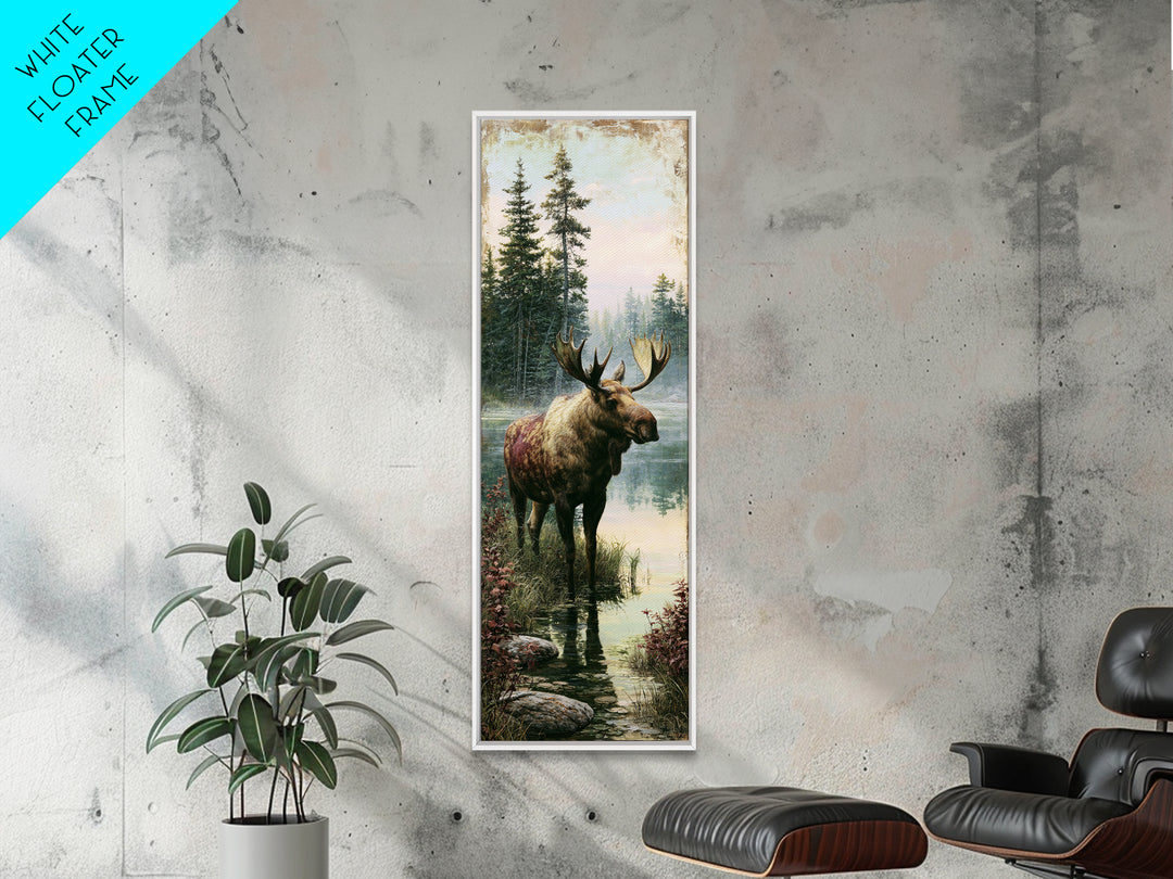 Moose Standing by a Quiet Lake Framed Canvas Print, Rustic Art, Boho Decor, Farmhouse Decor, Fine Art, Rustic, Art Print, RUS-1x3-69