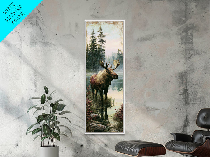 Moose Standing by a Quiet Lake Framed Canvas Print, Rustic Art, Boho Decor, Farmhouse Decor, Fine Art, Rustic, Art Print, RUS-1x3-69