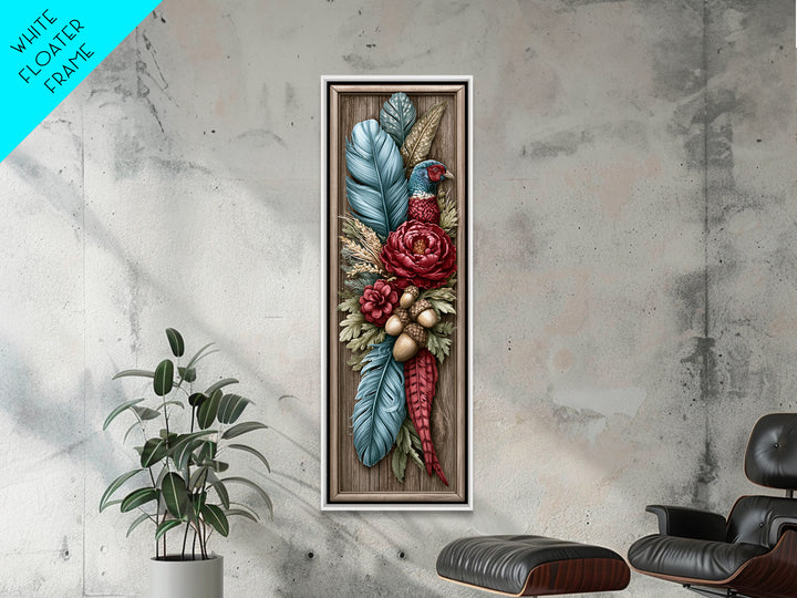Pheasant Feathers and Acorns Arrangement Framed Canvas Print, Rustic Art, Farmhouse Decor, Oil Painting, Rustic, RUS-1x3-76