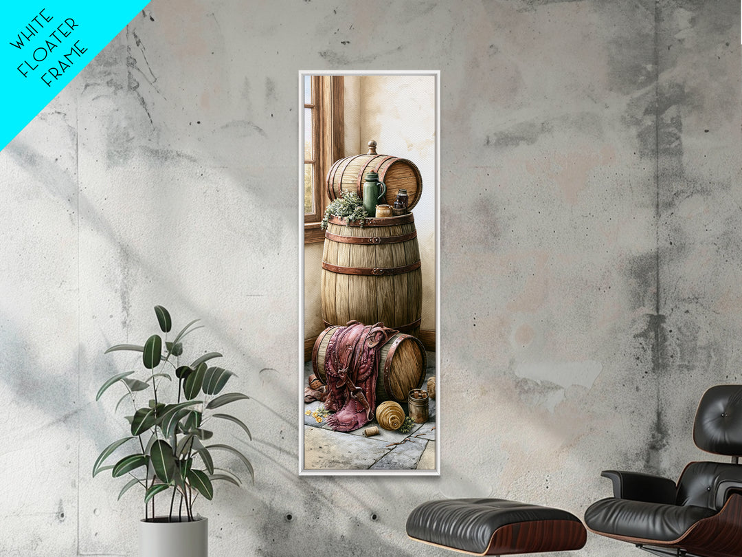 Whiskey Barrel and Leather Still Life Framed Canvas Print, Rustic Art, 3d Wall Art, Farmhouse Decor, Fine Art, Rustic, RUS-1x3-79