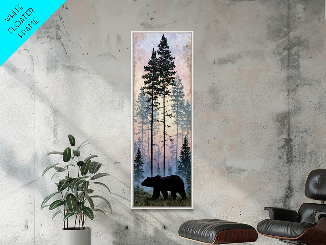 Bear Silhouette Among Pine Trees Framed Canvas Print, Rustic Art, Gallery Wall Art, Farmhouse Decor, Oil Painting, Rustic, RUS-1x3-91