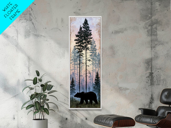 Bear Silhouette Among Pine Trees Framed Canvas Print, Rustic Art, Gallery Wall Art, Farmhouse Decor, Oil Painting, Rustic, RUS-1x3-91