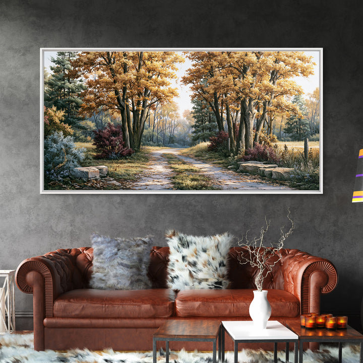 Forest Path with Golden Autumn Leaves Framed Canvas Print, Rustic Art, Modern Decor, Farmhouse Decor, Fine Art, Rustic, RUS-2x1-14
