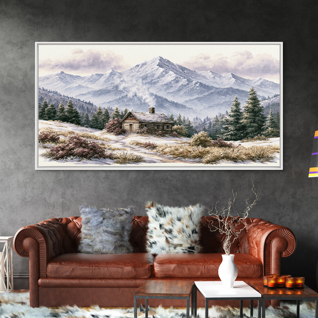 Winter Mountain Scene Framed Canvas Print, Rustic Art, Landscape Wall Art, Farmhouse Decor, Fine Art, Rustic, Luxury Decor, RUS-2x1-19