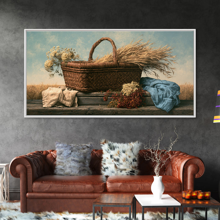 Handwoven Basket with Dried Grasses Framed Canvas Print, Rustic Art, Fine Art Print, Farmhouse Decor, Fine Art, Rustic, RUS-2x1-20