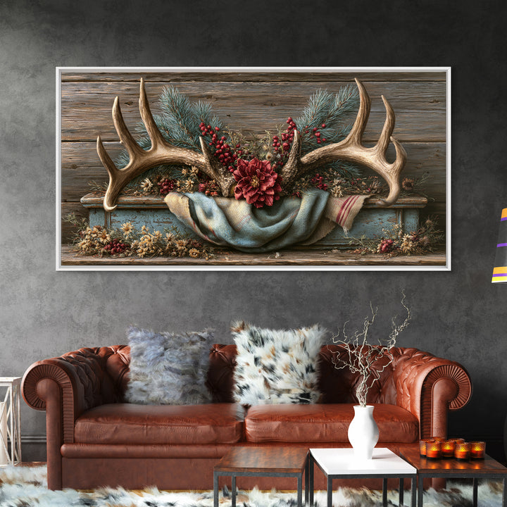 Deer Antlers with Pine Branches and Berries Canvas Print, Rustic Art, Statement Artwork, Farmhouse Decor, Fine Art, Rustic, RUS-2x1-22