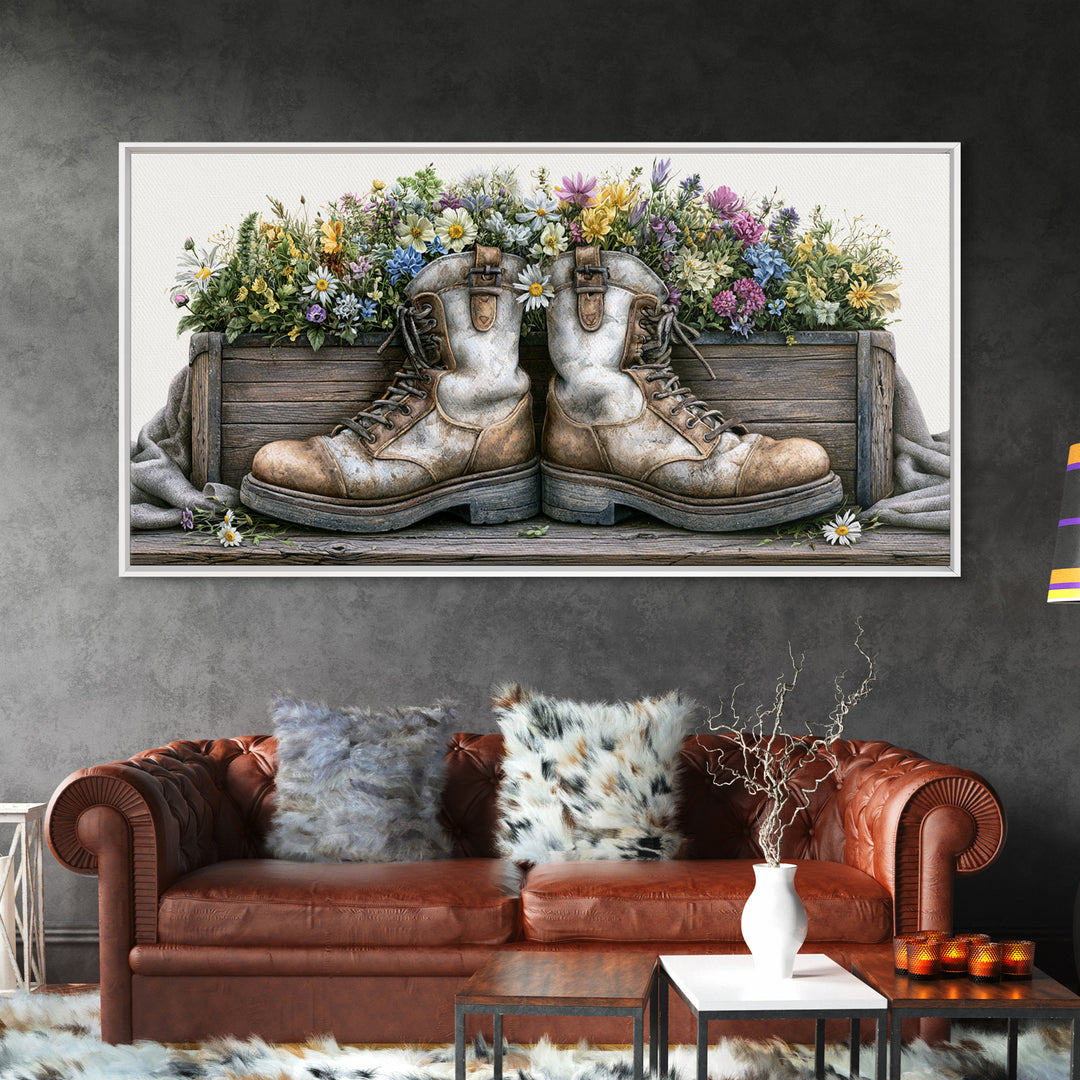 Old Boots Filled Canvas Print, Rustic Art, Boho Decor, Farmhouse Decor, Fine Art, Rustic, Art Print, Digital Art, RUS-2x1-26