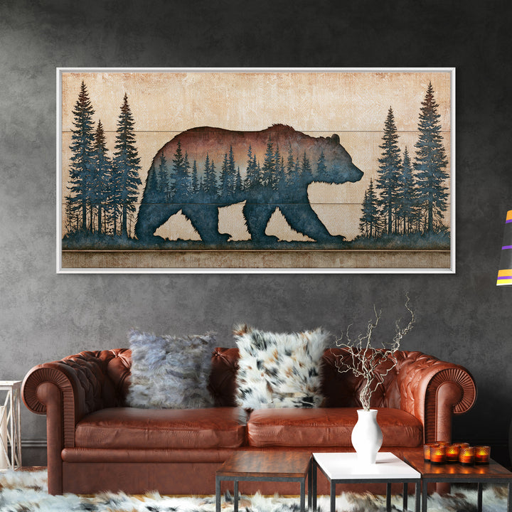 Bear Silhouette Among Pine Trees Framed Canvas Print, Rustic Art, Modern Decor, Farmhouse Decor, Oil Painting, Rustic, RUS-2x1-27