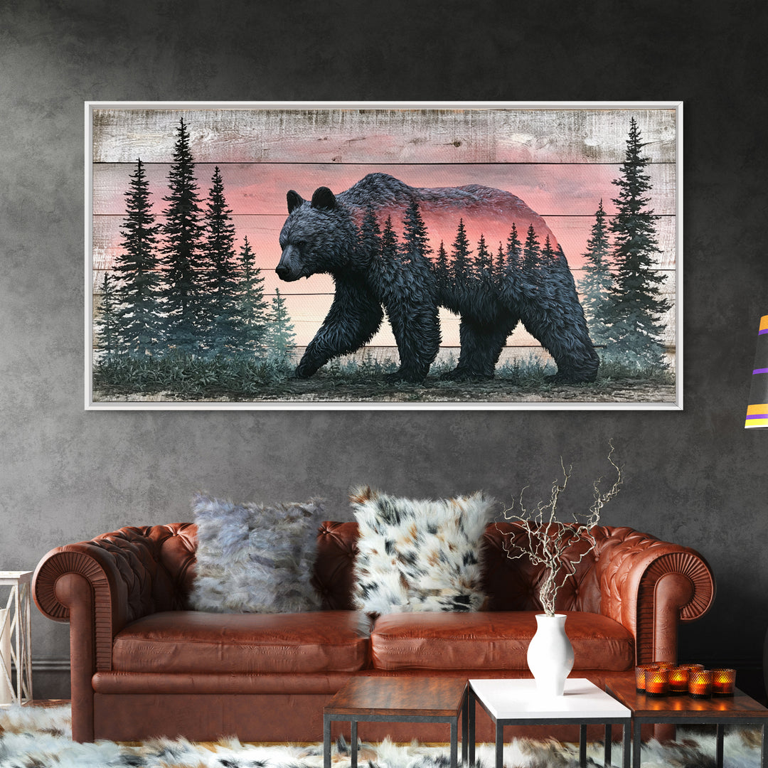Bear Silhouette Among Pine Trees Framed Canvas Print, Rustic Art, Printable Art, Farmhouse Decor, Rustic, Farmhouse Wall Art, RUS-2x1-3