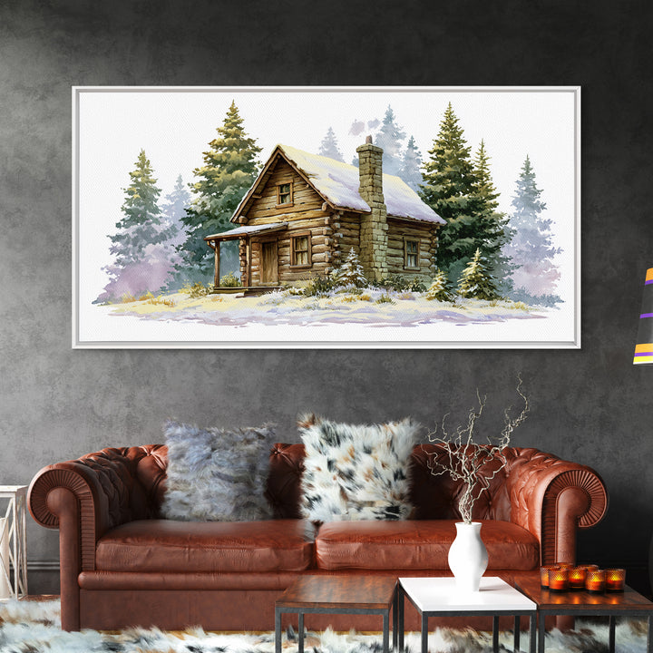 Log Cabin with Snowy Pines Framed Canvas Print, Rustic Art, Farmhouse Decor, Oil Painting, Rustic, Wood Wall Art, RUS-2x1-35