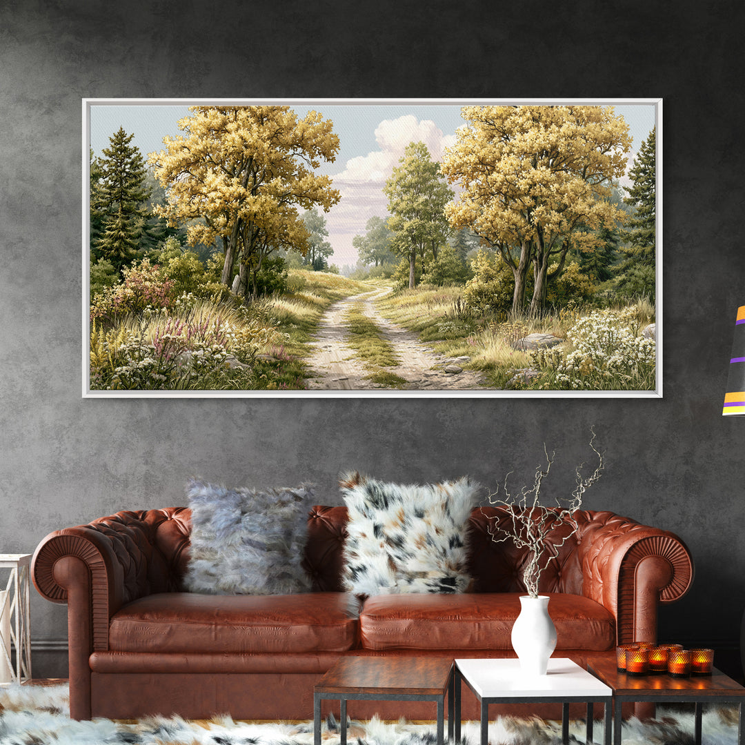 Forest Path with Golden Autumn Leaves Framed Canvas Print, Rustic Art, Modern Decor, Farmhouse Decor, Fine Art, Rustic, RUS-2x1-38