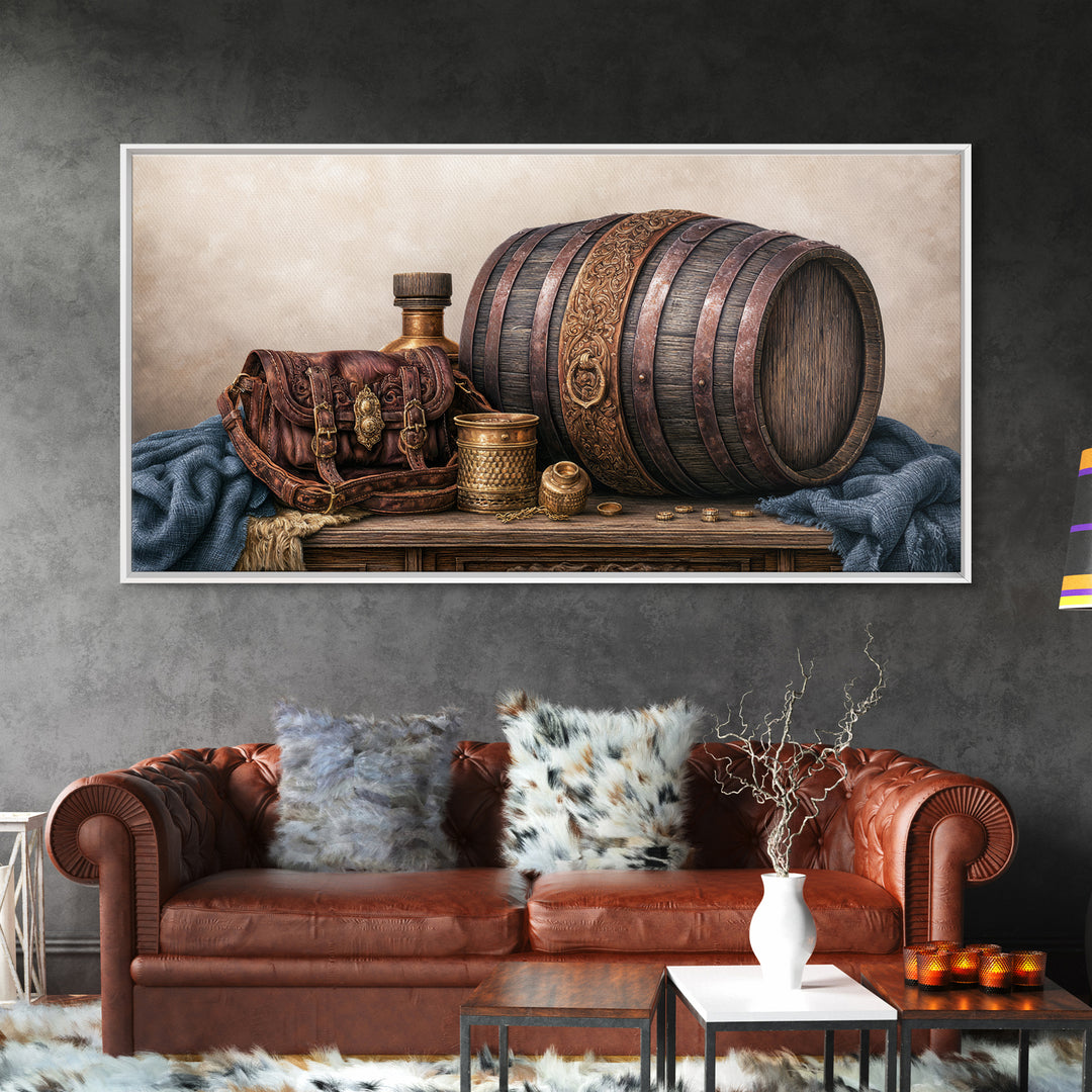 Whiskey Barrel and Leather Still Life Canvas Print, Rustic Art, Digital Prints, Farmhouse Decor, Oil Painting, Rustic, RUS-2x1-39