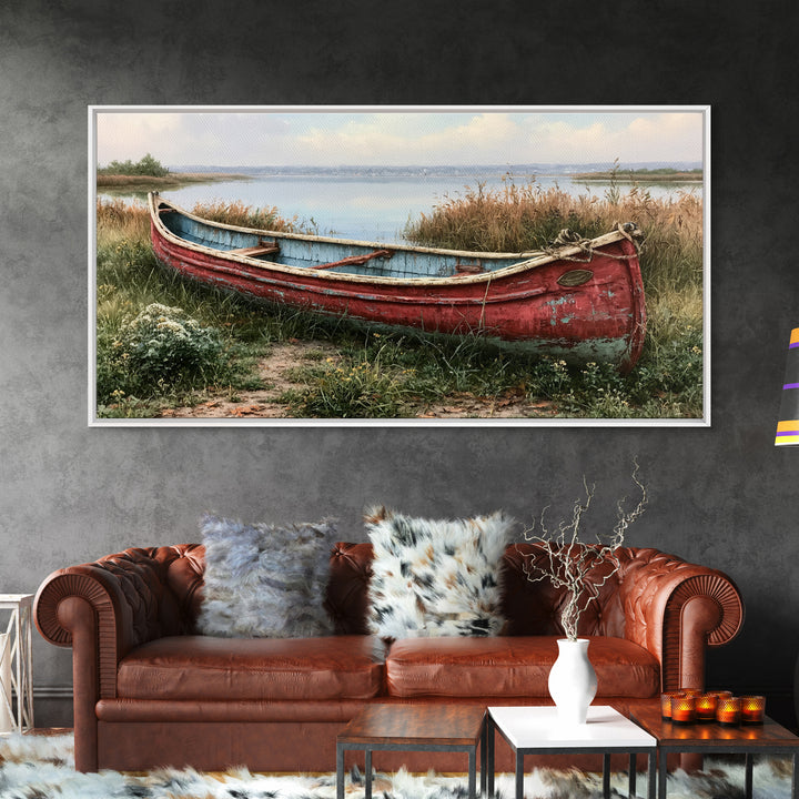 Old Canoe Pulled Onto a Lake Shore Framed Canvas Print, Rustic Art, Home Decor, Farmhouse Decor, Rustic, Living Room Decor, RUS-2x1-40