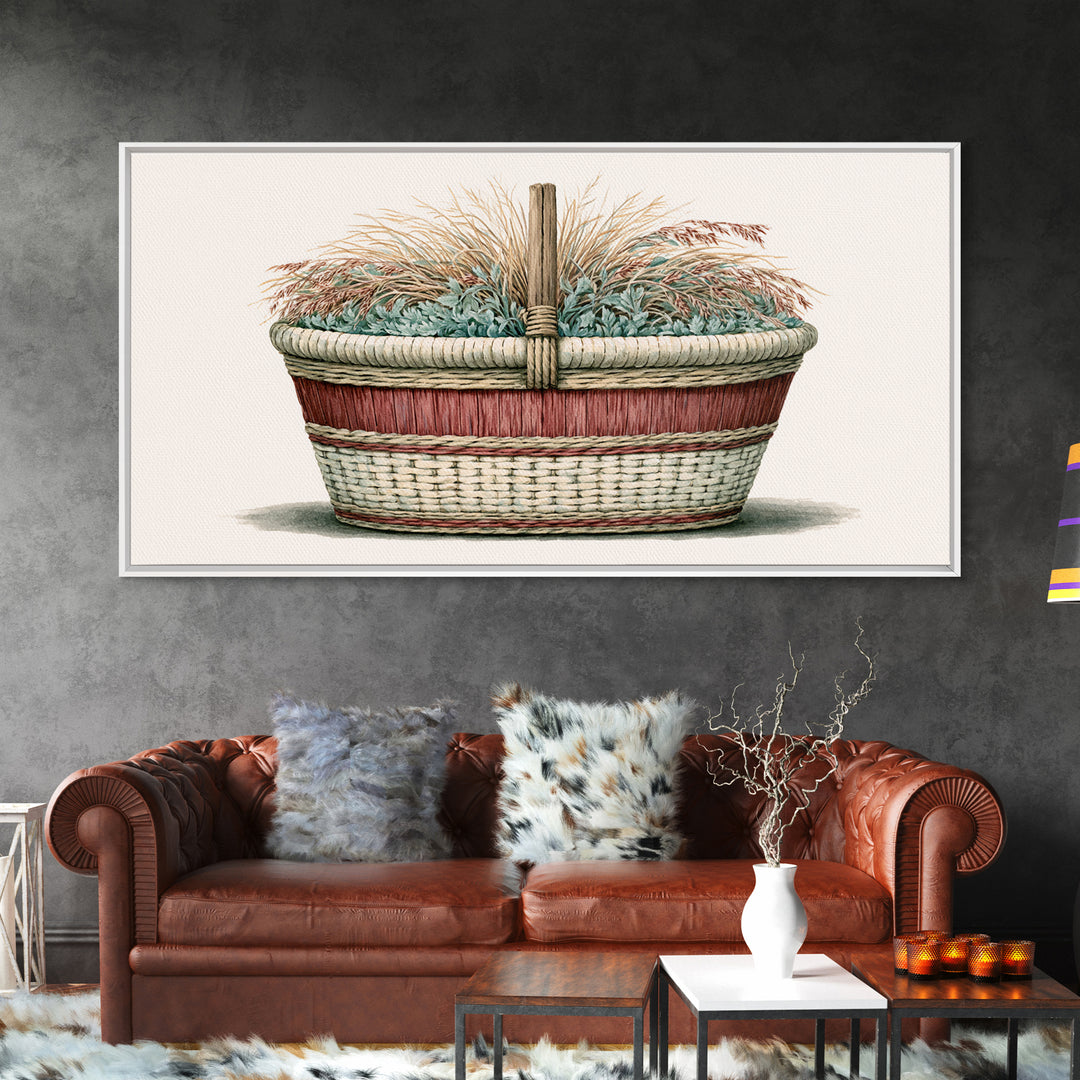 Handwoven Basket with Dried Grasses Canvas Print, Rustic Art, Textured Painting, Farmhouse Decor, Abstract Art, Rustic, RUS-2x1-44
