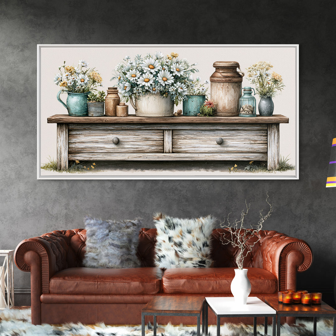 Weathered Barn Wood and Wildflower Still Life Framed Canvas Print, Rustic Art, Digital Art, Farmhouse Decor, Oil Painting, RUS-2x1-45