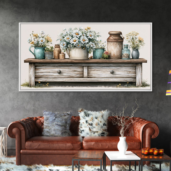 Weathered Barn Wood and Wildflower Still Life Framed Canvas Print, Rustic Art, Digital Art, Farmhouse Decor, Oil Painting, RUS-2x1-45