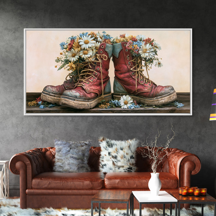 Old Boots Filled Framed Canvas Print, Rustic Art, Minimalist Decor, Farmhouse Decor, Oil Painting, Rustic, Printable Art, RUS-2x1-50