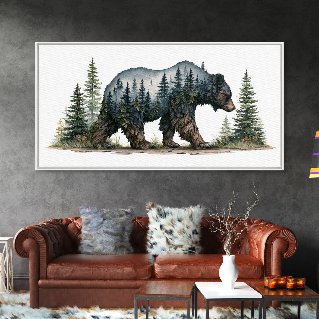 Bear Silhouette Among Pine Trees Framed Canvas Print, Rustic Art, Farmhouse Decor, Watercolor Art, Rustic, Gallery Wall Art, RUS-2x1-51