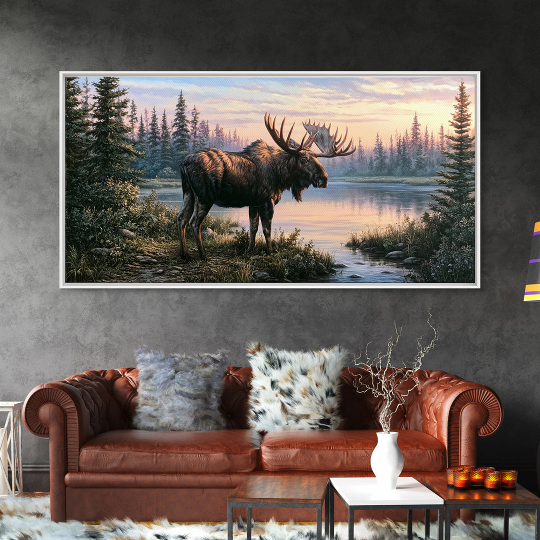 Moose Standing by a Quiet Lake Canvas Print, Rustic Art, Oil Painting, Farmhouse Decor, Fine Art, Rustic, Modern Art, RUS-2x1-53