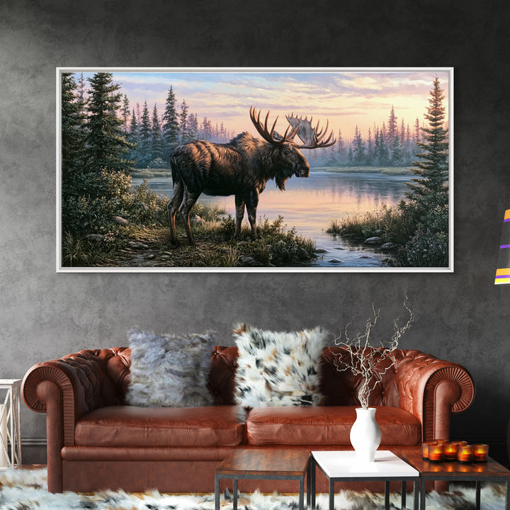 Moose Standing by a Quiet Lake Canvas Print, Rustic Art, Oil Painting, Farmhouse Decor, Fine Art, Rustic, Modern Art, RUS-2x1-53