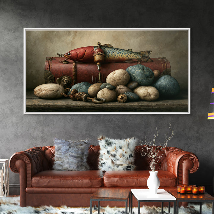 Trout Fishing Lure and River Stones Canvas Print, Rustic Art, Wall Art, Farmhouse Decor, Fine Art, Rustic, Living Room Decor, RUS-2x1-58