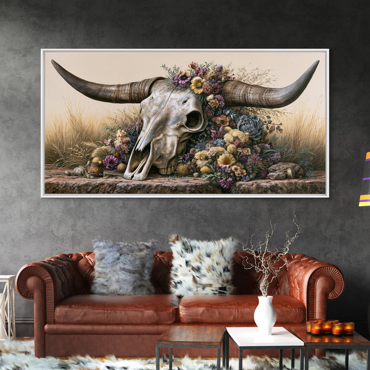 Cow Skull with Desert Flowers Canvas Print, Rustic Art, Digital Prints, Farmhouse Decor, Fine Art, Rustic, 3d Wall Art, RUS-2x1-61