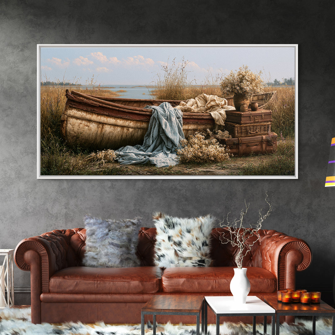 Old Canoe Pulled Onto a Lake Shore Canvas Print, Rustic Art, Printable Wall Art, Farmhouse Decor, Oil Painting, Rustic, RUS-2x1-64