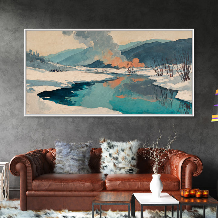 Winter Mountain Scene Framed Canvas Print, Rustic Art, Downloadable Art, Farmhouse Decor, Fine Art, Rustic, Textured Painting, RUS-2x1-67