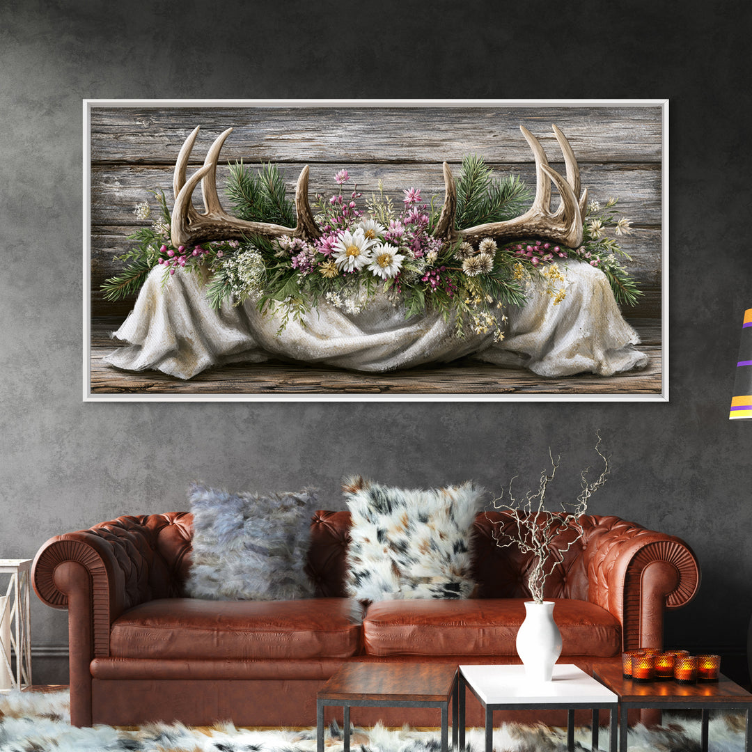 Deer Antlers with Pine Branches and Berries Canvas Print, Rustic Art, Painting, Farmhouse Decor, Oil Painting, Rustic, RUS-2x1-70
