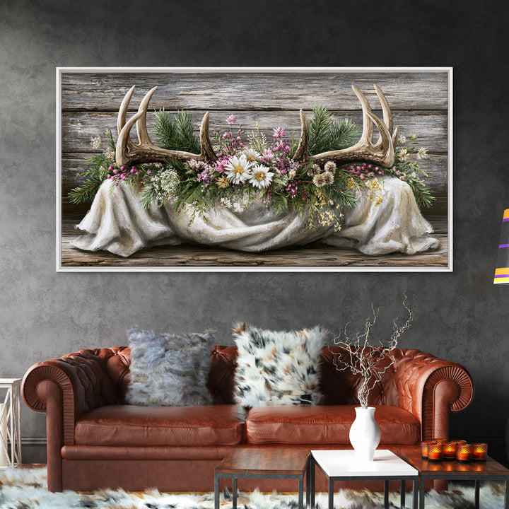 Deer Antlers with Pine Branches and Berries Canvas Print, Rustic Art, Painting, Farmhouse Decor, Oil Painting, Rustic, RUS-2x1-70