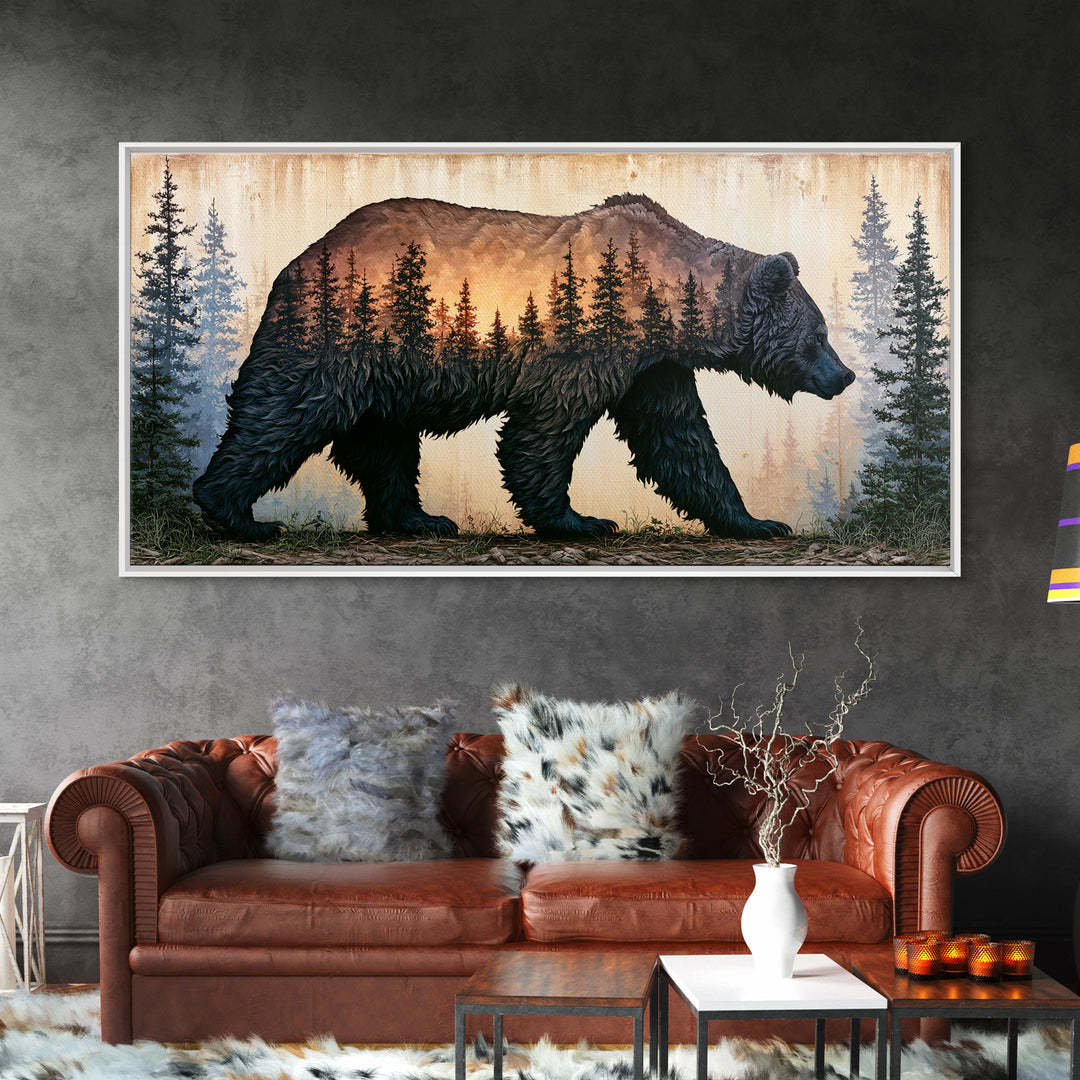 Bear Silhouette Among Pine Trees Framed Canvas Print, Rustic Art, Statement Artwork, Farmhouse Decor, Fine Art, Rustic, RUS-2x1-75