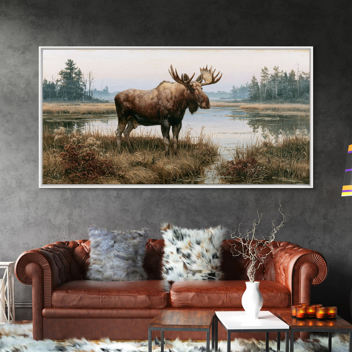 Moose Standing by a Quiet Lake Canvas Print, Rustic Art, Oil Painting, Farmhouse Decor, Fine Art, Rustic, Modern Art, RUS-2x1-77