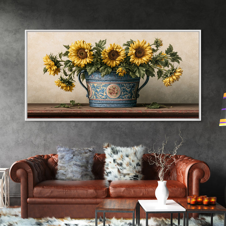 Sunflowers in a Metal Bucket Framed Canvas Print, Rustic Art, 3d Wall Art, Farmhouse Decor, Oil Painting, Rustic, RUS-2x1-80