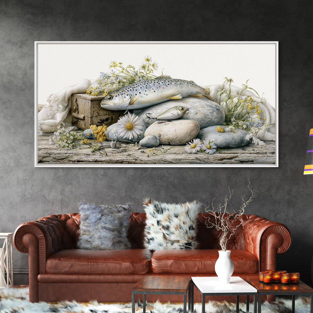 Trout Fishing Lure and River Stones Canvas Print, Rustic Art, Wall Art, Farmhouse Decor, Fine Art, Rustic, Living Room Decor, RUS-2x1-82