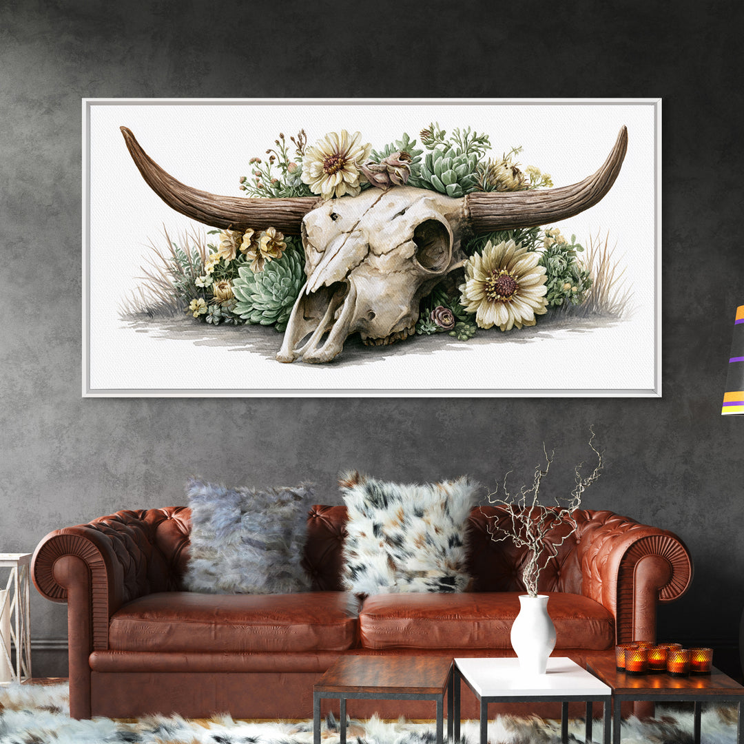 Cow Skull with Desert Flowers Framed Canvas Print, Rustic Art, Wood Wall Art, Farmhouse Decor, Rustic, Eclectic Wall Art, RUS-2x1-85
