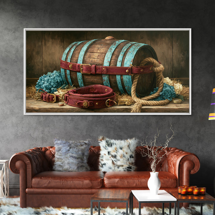 Whiskey Barrel and Leather Still Life Framed Canvas Print, Rustic Art, Landscape Painting, Farmhouse Decor, Fine Art, Rustic, RUS-2x1-87