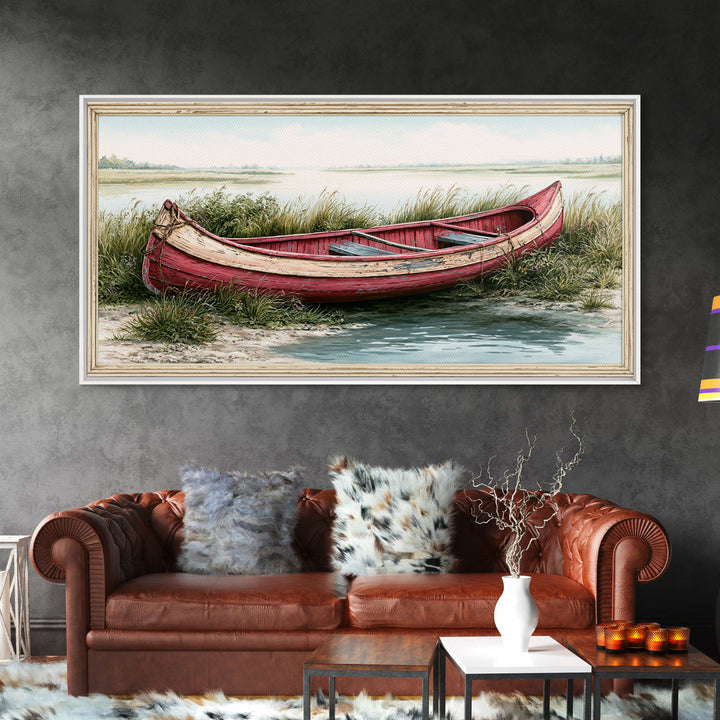 Old Canoe Pulled Onto a Lake Shore Framed Canvas Print, Rustic Art, Farmhouse Decor, Fine Art, Rustic, Gallery Wall Art, RUS-2x1-88
