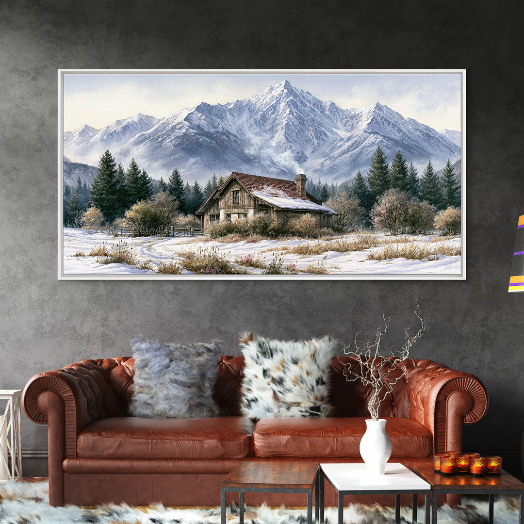 Winter Mountain Scene Framed Canvas Print, Rustic Art, Printable Wall Art, Farmhouse Decor, Watercolor Art, Rustic, Wood Art, RUS-2x1-91