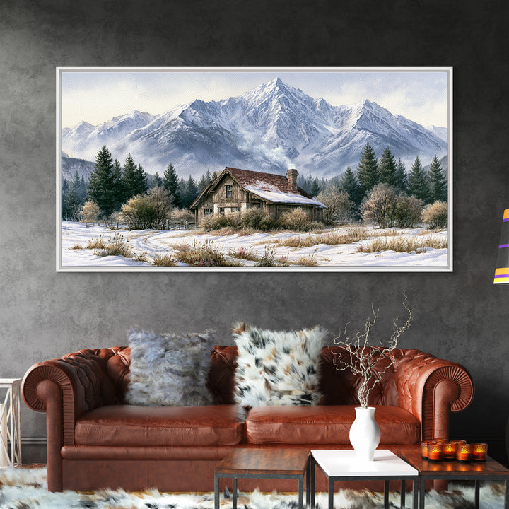 Winter Mountain Scene Framed Canvas Print, Rustic Art, Printable Wall Art, Farmhouse Decor, Watercolor Art, Rustic, Wood Art, RUS-2x1-91