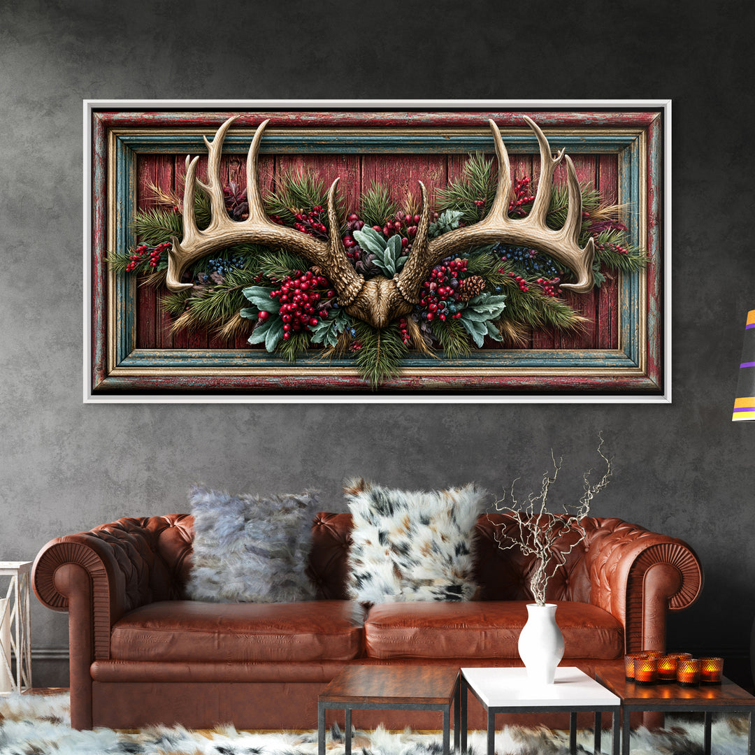Deer Antlers with Pine Branches and Berries Canvas Print, Rustic Art, Painting, Farmhouse Decor, Oil Painting, Rustic, RUS-2x1-94
