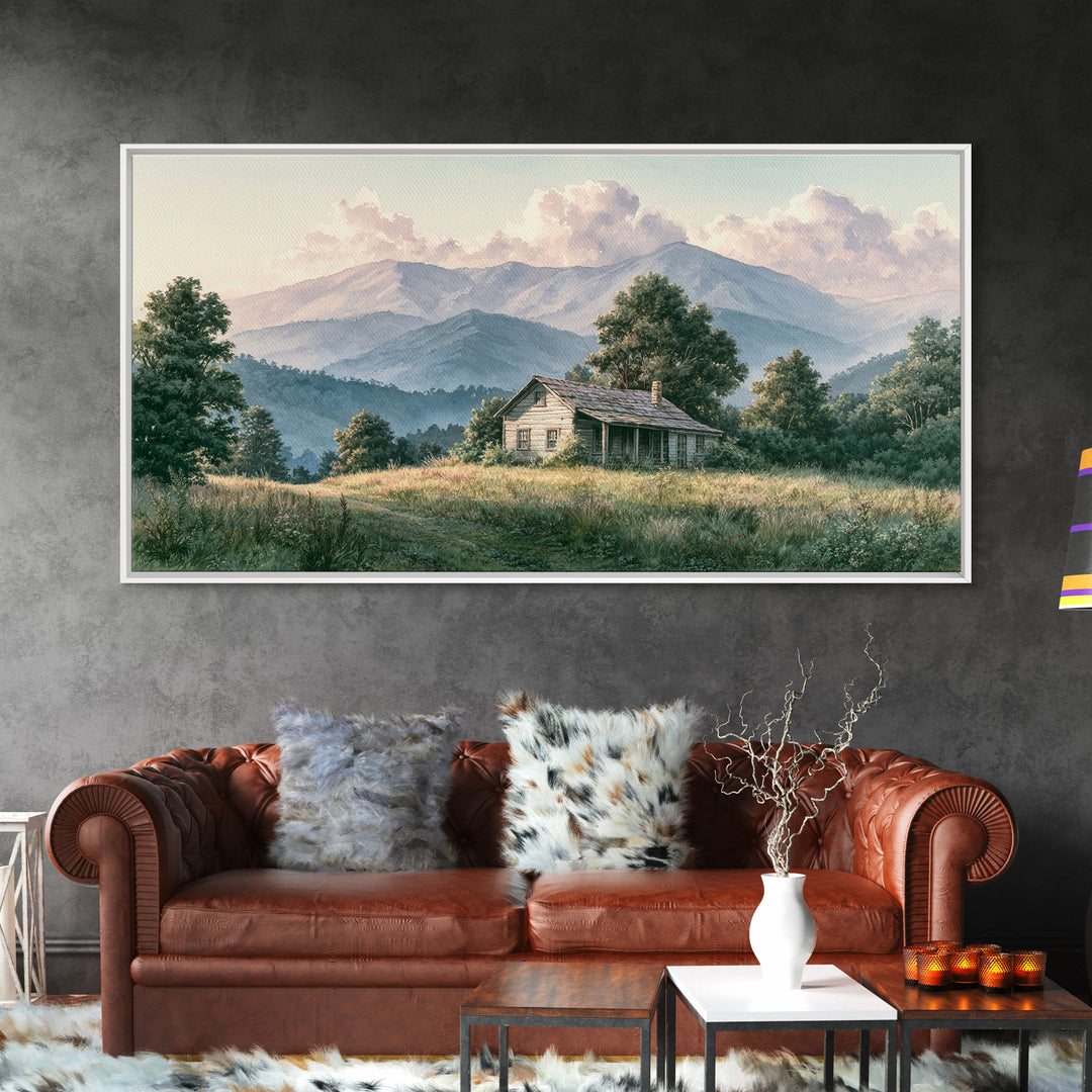 Mountain Cabin Landscape Framed Canvas Print, Rustic Art, Living Room Art, Farmhouse Decor, Oil Painting, Rustic, RUS-2x1-95