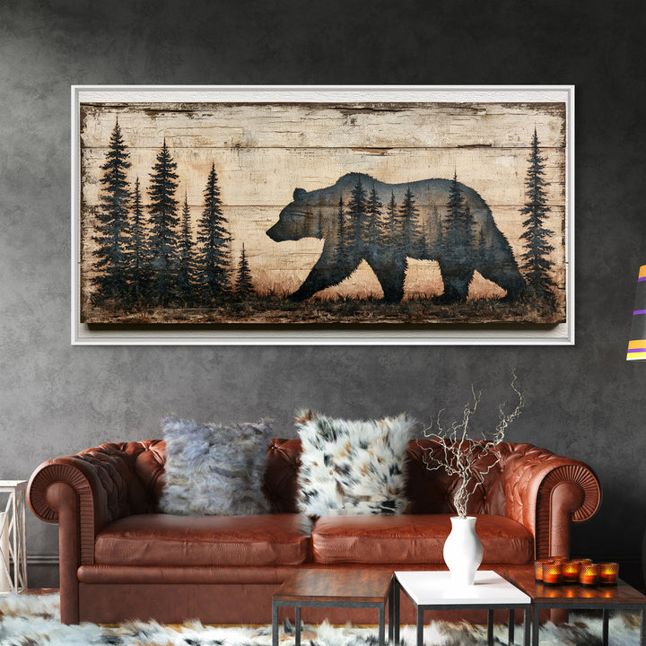 Bear Silhouette Among Pine Trees Framed Canvas Print, Rustic Art, Abstract Wall Art, Farmhouse Decor, Fine Art, Rustic, RUS-2x1-99
